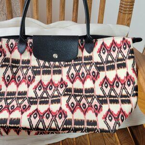 Longchamp Le Pliage Ikat Large Tote Bag | Limited Edition Print | Black Leather